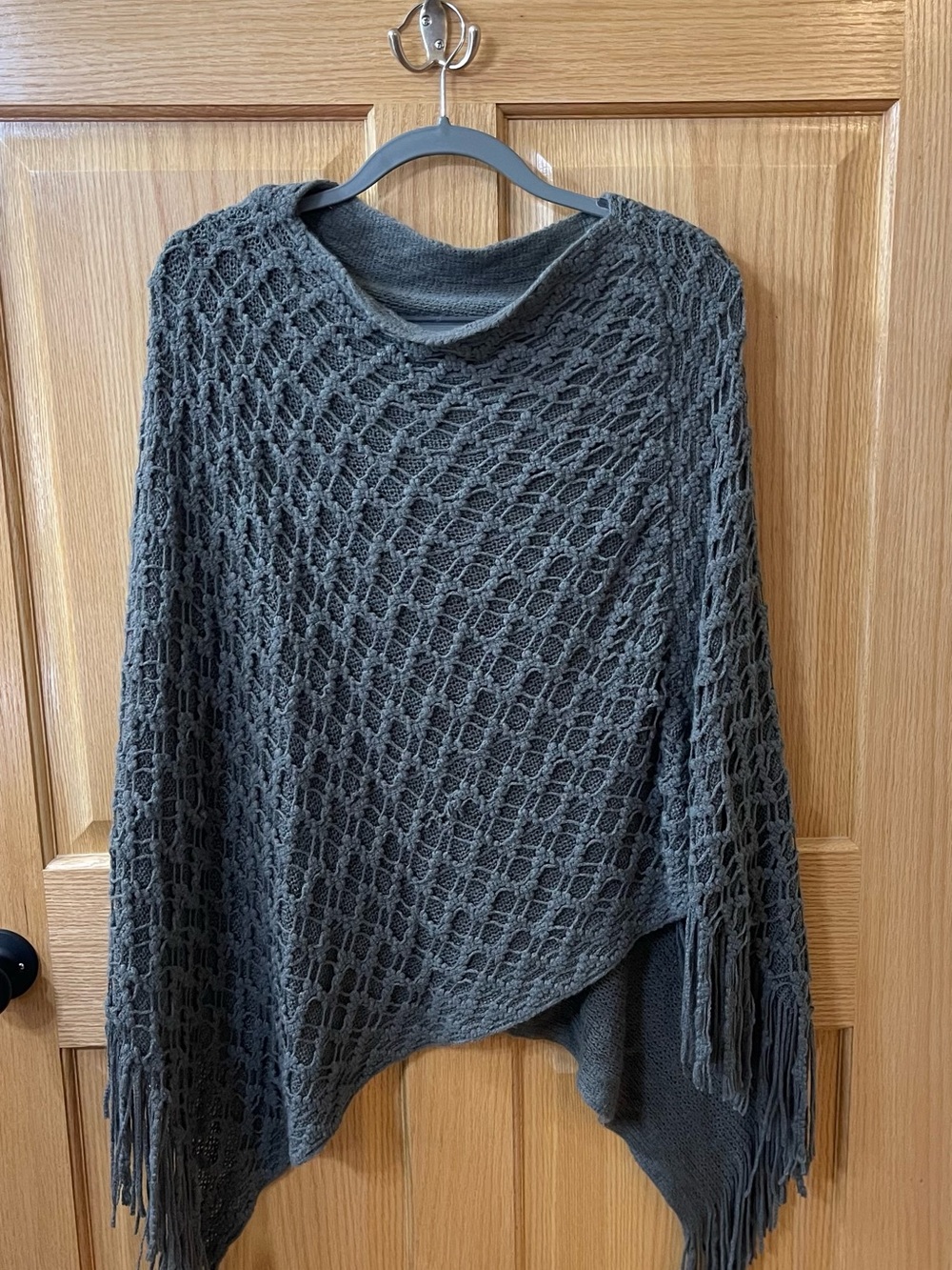 Open-Knit Fringe Poncho Sweater in Gray